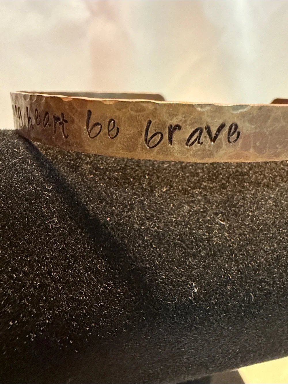 Source Unknown Hammered Copper Tone Cuff Bracelet with Hand-Stamped Message